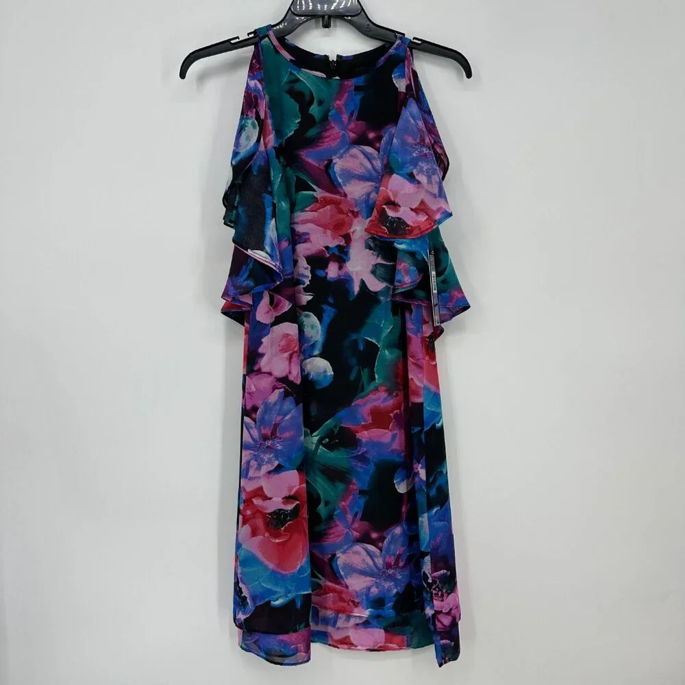 Tahari Abstract‎ Floral Cocktail Dress 4 RuffleTrim Sleeveless Swing Black Pink